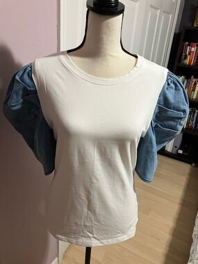 Pastels White Tee with Blue Puff Sleeves